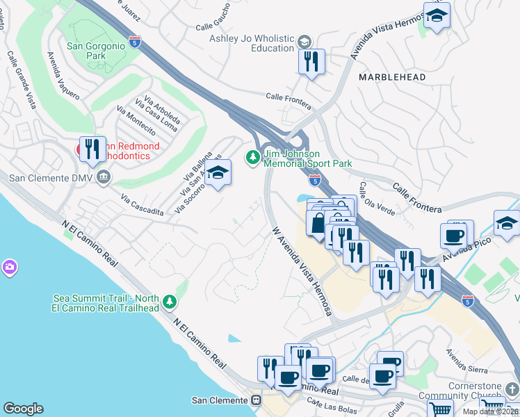 map of restaurants, bars, coffee shops, grocery stores, and more near 216 Via Murcia in San Clemente