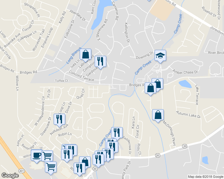 map of restaurants, bars, coffee shops, grocery stores, and more near 101 Escalade Drive in McDonough