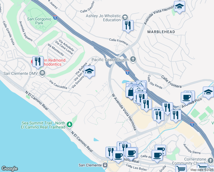 map of restaurants, bars, coffee shops, grocery stores, and more near 216 Via Murcia in San Clemente