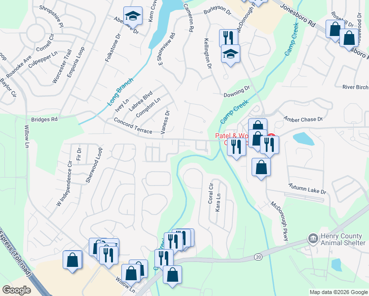 map of restaurants, bars, coffee shops, grocery stores, and more near 101 Escalade Drive in McDonough