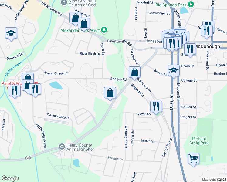 map of restaurants, bars, coffee shops, grocery stores, and more near 179 Hampton Circle in McDonough