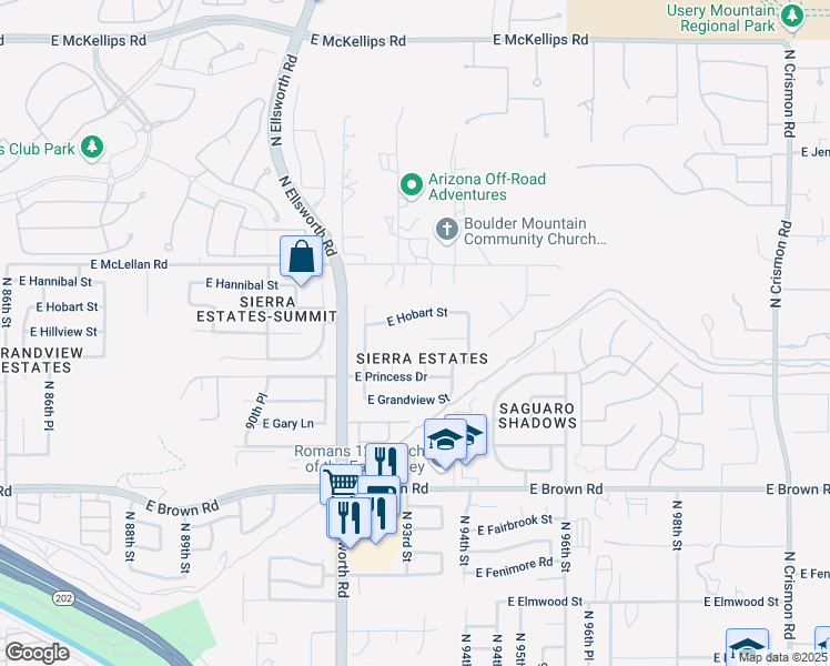 map of restaurants, bars, coffee shops, grocery stores, and more near 9312 East Hobart Street in Mesa