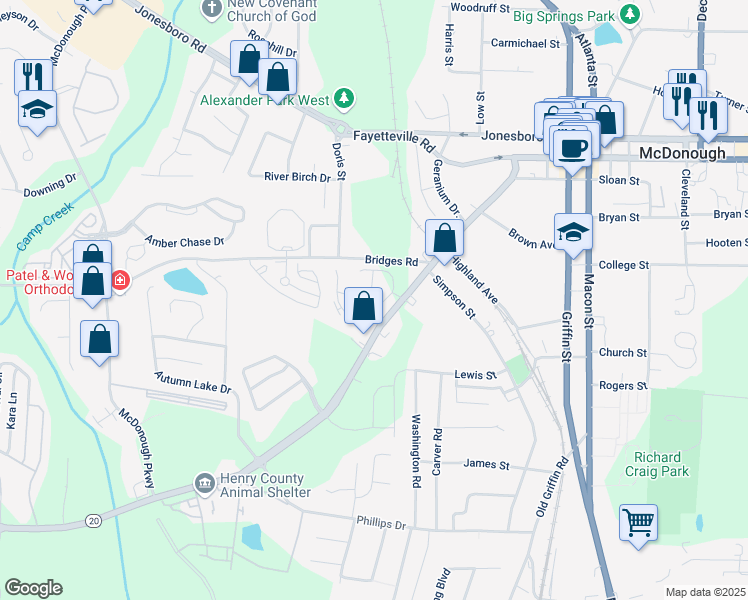 map of restaurants, bars, coffee shops, grocery stores, and more near 179 Hampton Circle in McDonough