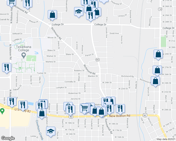 map of restaurants, bars, coffee shops, grocery stores, and more near 801 Richmond Road in Texarkana