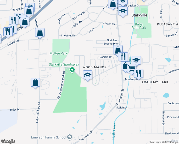 map of restaurants, bars, coffee shops, grocery stores, and more near 156 Park Circle in Starkville