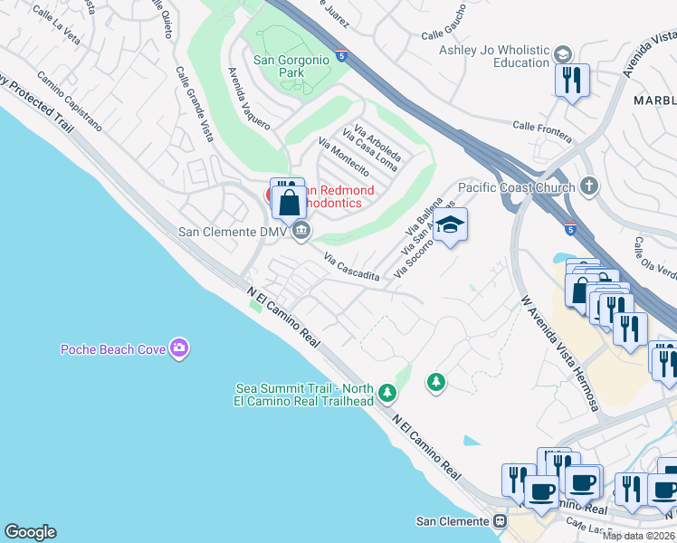 map of restaurants, bars, coffee shops, grocery stores, and more near 2622 Via Cascadita in San Clemente