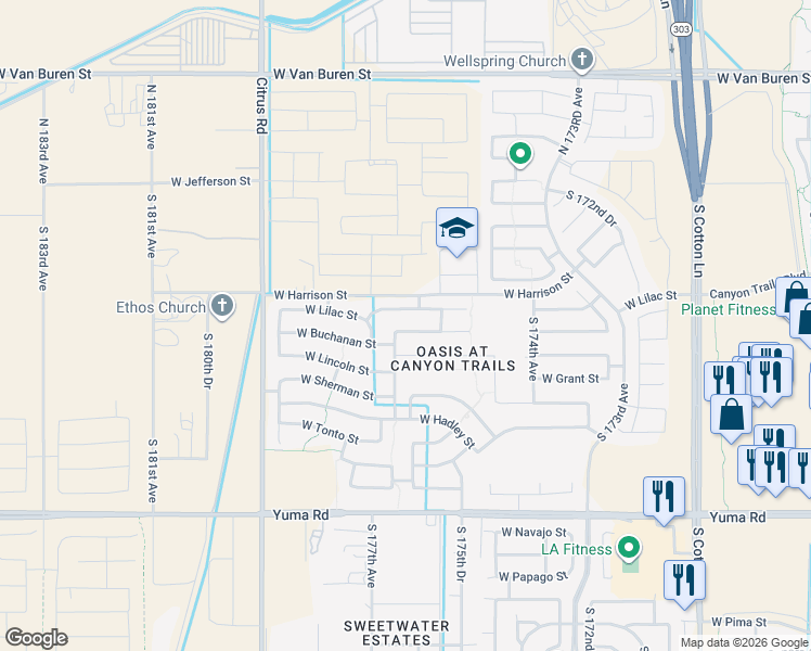 map of restaurants, bars, coffee shops, grocery stores, and more near 17624 West Lilac Street in Goodyear