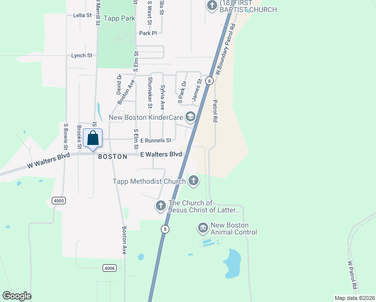 map of restaurants, bars, coffee shops, grocery stores, and more near 1101-1199 South McCoy Boulevard in New Boston
