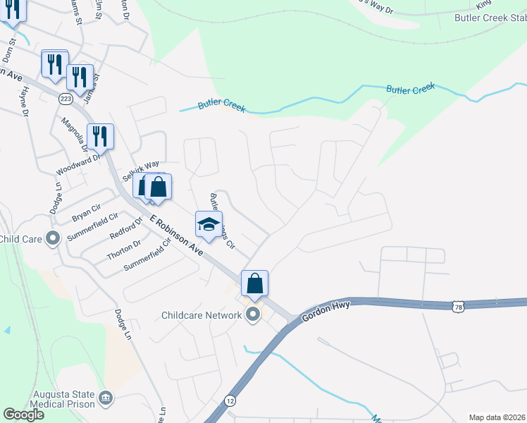map of restaurants, bars, coffee shops, grocery stores, and more near 708 Porter Lane in Grovetown