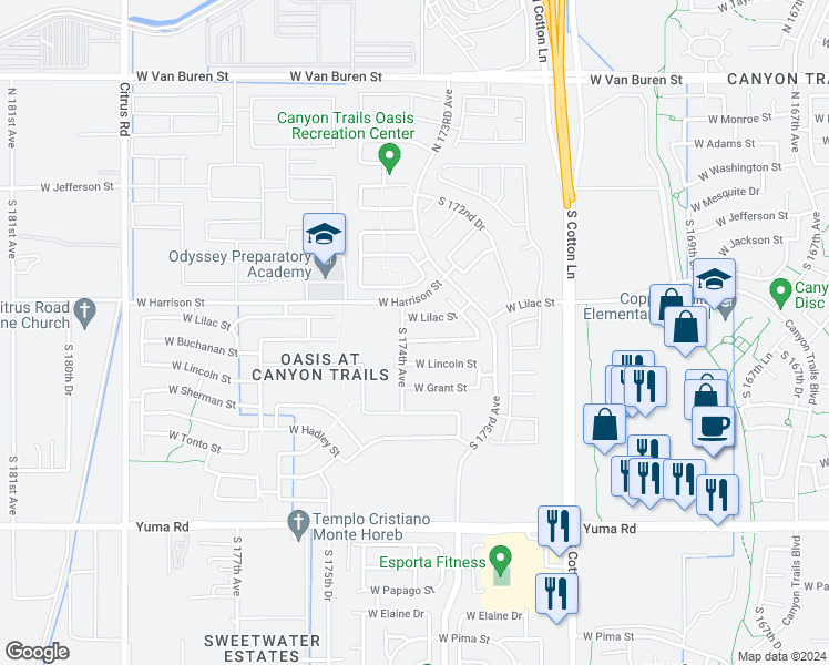 map of restaurants, bars, coffee shops, grocery stores, and more near 17382 West Buchanan Street in Goodyear
