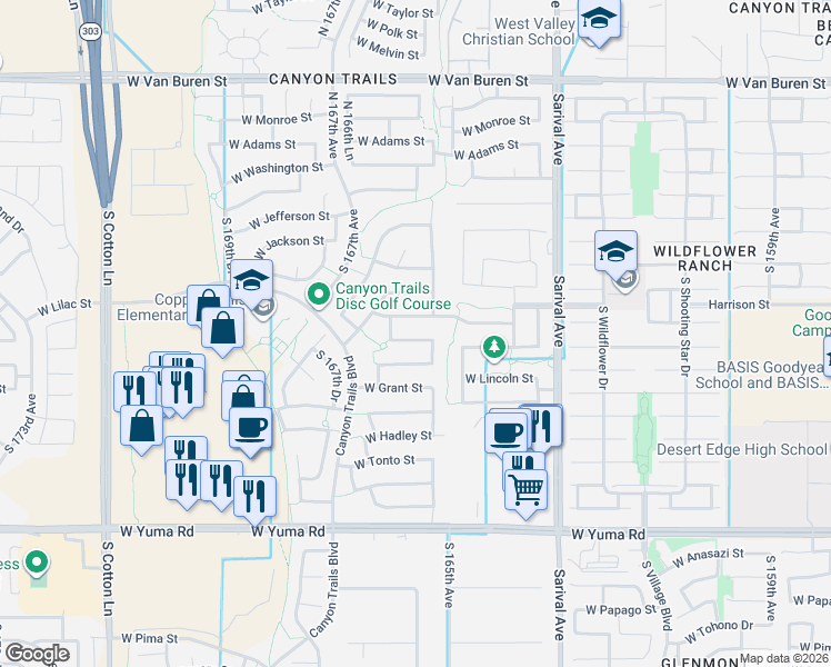 map of restaurants, bars, coffee shops, grocery stores, and more near 16527 West Lilac Street in Goodyear