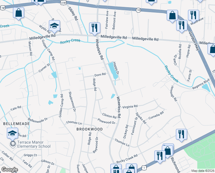 map of restaurants, bars, coffee shops, grocery stores, and more near 2341 Wheeless Road in Augusta