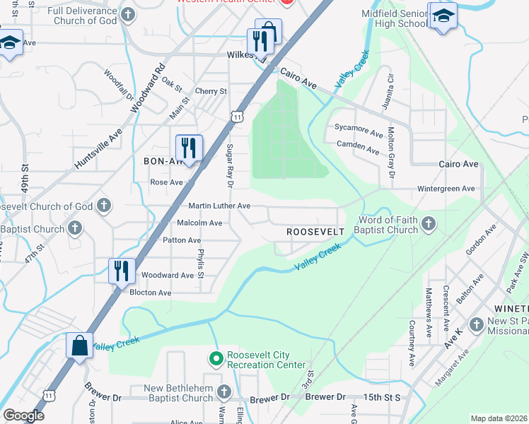 map of restaurants, bars, coffee shops, grocery stores, and more near 5504 King Drive in Birmingham