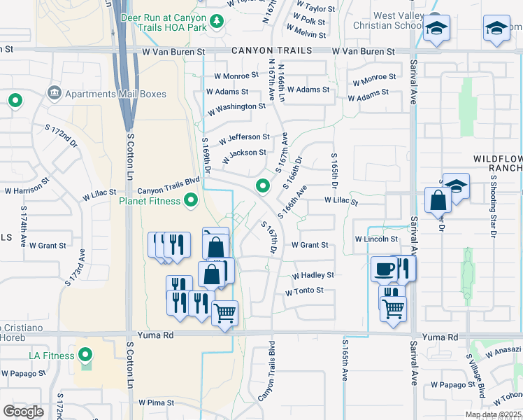 map of restaurants, bars, coffee shops, grocery stores, and more near 546 South 167th Lane in Goodyear