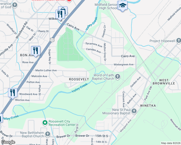 map of restaurants, bars, coffee shops, grocery stores, and more near 5700 Martin Luther Avenue in Birmingham