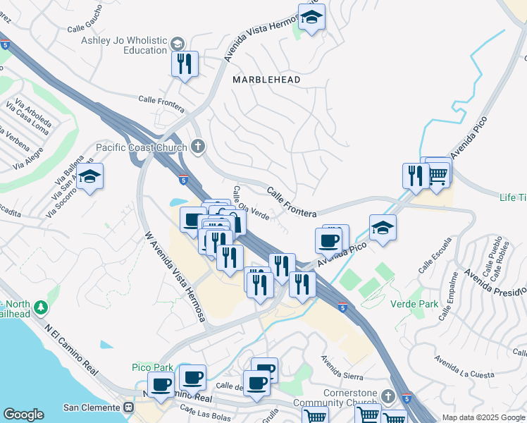 map of restaurants, bars, coffee shops, grocery stores, and more near 2121 Avenida Espada in San Clemente
