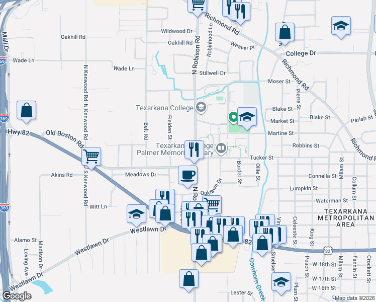 map of restaurants, bars, coffee shops, grocery stores, and more near 316 Fielden Street in Texarkana