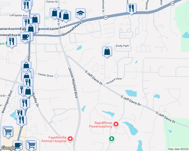 map of restaurants, bars, coffee shops, grocery stores, and more near 470 South Jeff Davis Drive in Fayetteville
