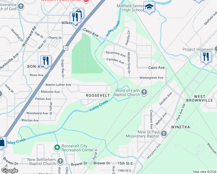 map of restaurants, bars, coffee shops, grocery stores, and more near 5700 Martin Luther Avenue in Birmingham