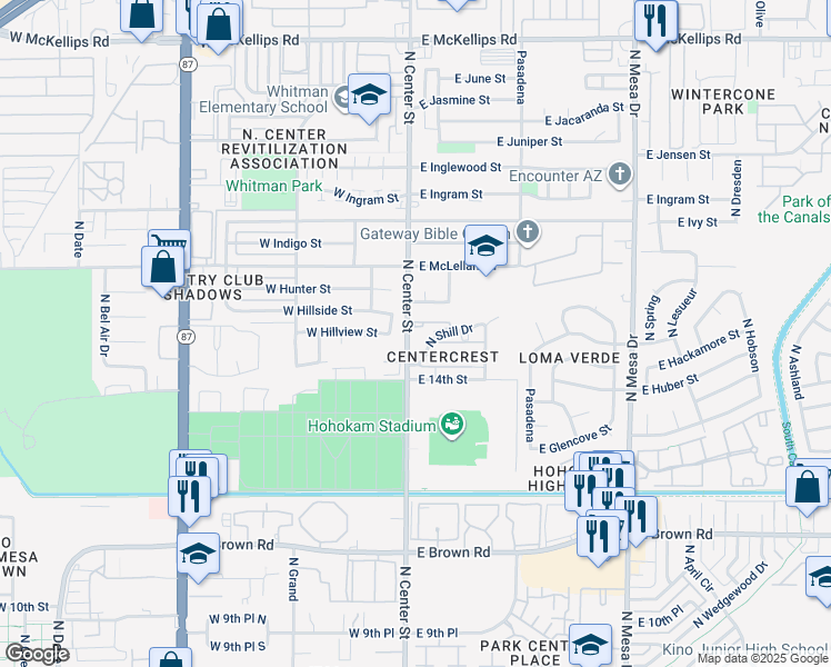 map of restaurants, bars, coffee shops, grocery stores, and more near 5 East Hillside Street in Mesa