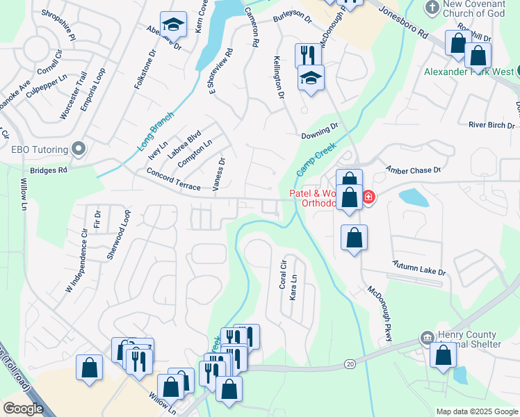 map of restaurants, bars, coffee shops, grocery stores, and more near 116 Madeline Court in McDonough