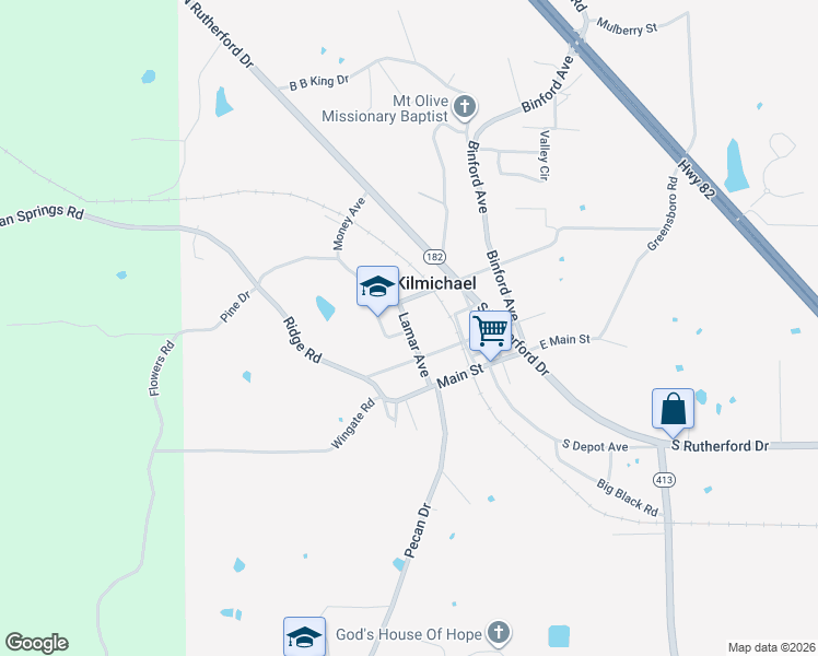 map of restaurants, bars, coffee shops, grocery stores, and more near West Stone Street in Kilmichael
