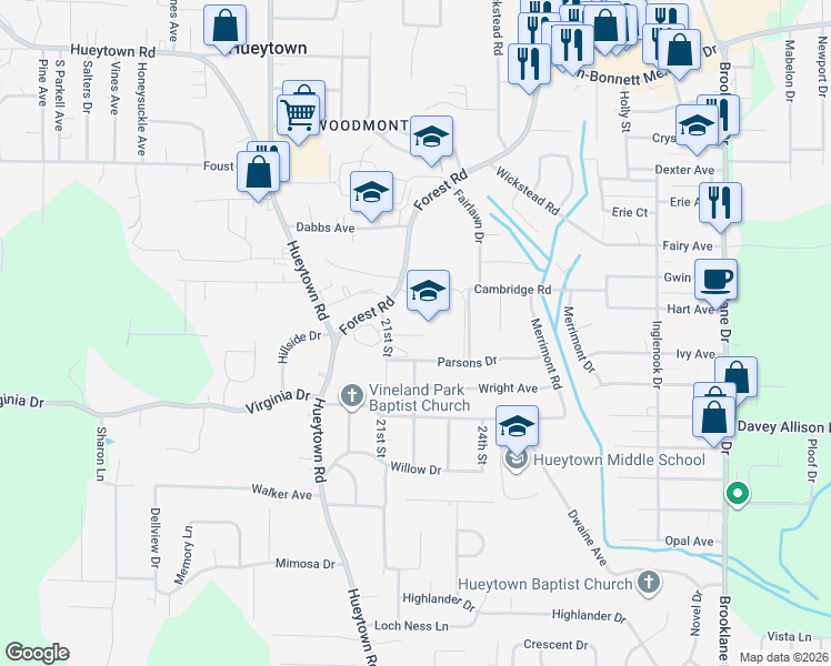 map of restaurants, bars, coffee shops, grocery stores, and more near 112 Forest Road in Hueytown