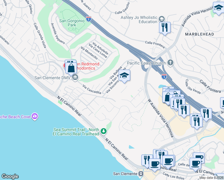 map of restaurants, bars, coffee shops, grocery stores, and more near 212 Via Socorro in San Clemente