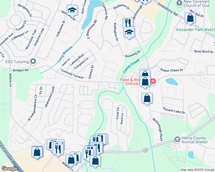 map of restaurants, bars, coffee shops, grocery stores, and more near 116 Madeline Court in McDonough