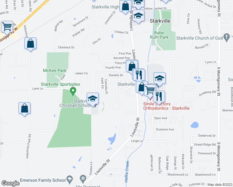 map of restaurants, bars, coffee shops, grocery stores, and more near Lynn Lane in Starkville