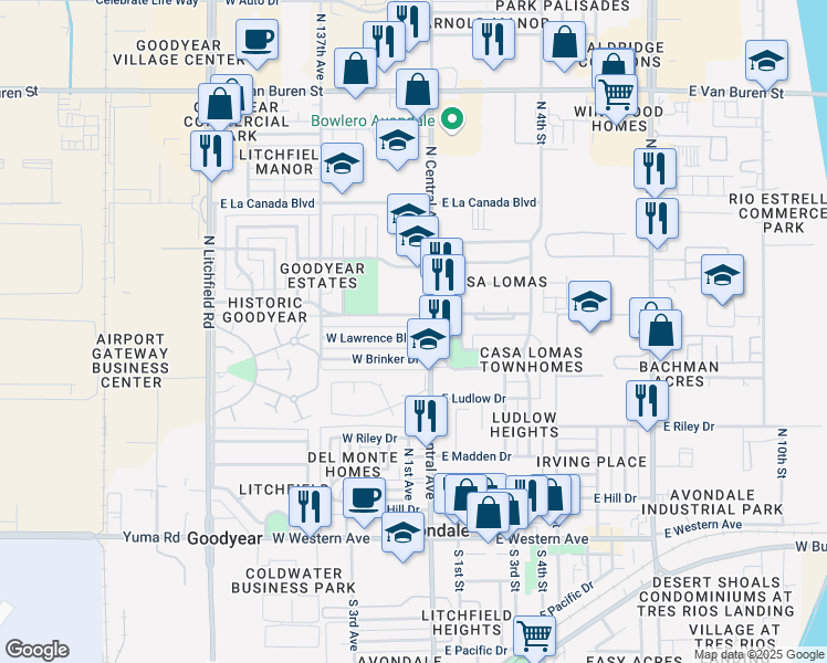 map of restaurants, bars, coffee shops, grocery stores, and more near 1 West Loma Linda Boulevard in Avondale
