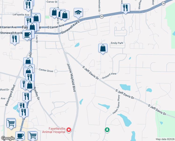 map of restaurants, bars, coffee shops, grocery stores, and more near 485 South Jeff Davis Drive in Fayetteville