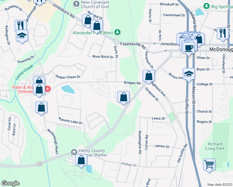 map of restaurants, bars, coffee shops, grocery stores, and more near 101 Meadowlark Drive in McDonough