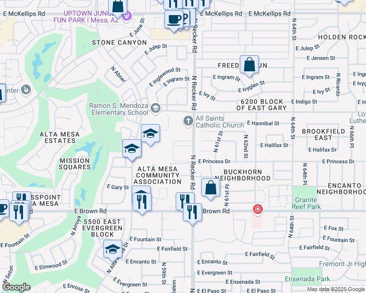 map of restaurants, bars, coffee shops, grocery stores, and more near 1444 North Alta Vista in Mesa