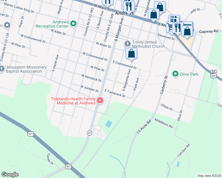 map of restaurants, bars, coffee shops, grocery stores, and more near 510 South Rosemary Avenue in Andrews