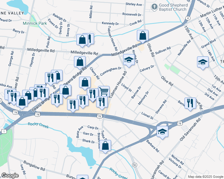 map of restaurants, bars, coffee shops, grocery stores, and more near 2009 Tubman Home Road in Augusta