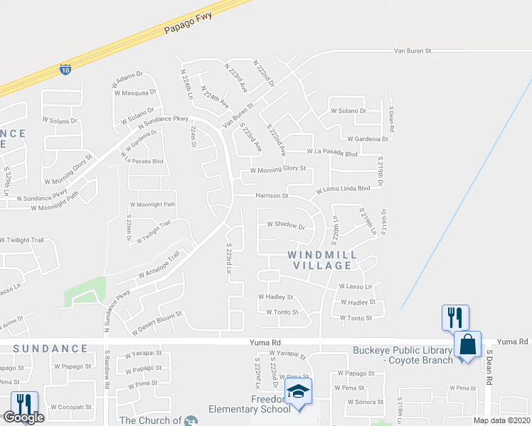 map of restaurants, bars, coffee shops, grocery stores, and more near 22253 West Moonlight Path in Buckeye