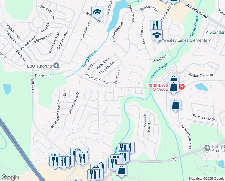 map of restaurants, bars, coffee shops, grocery stores, and more near 443 Kendall Lane in McDonough