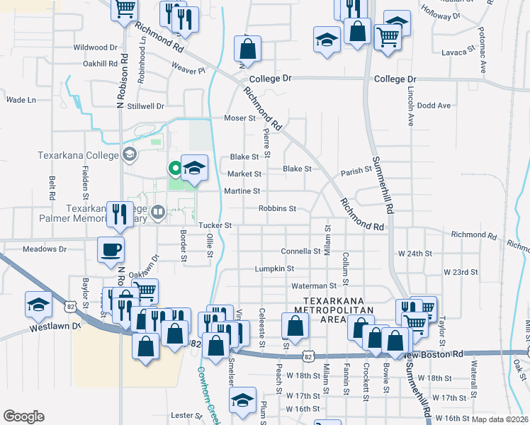 map of restaurants, bars, coffee shops, grocery stores, and more near 522 Robbins Street in Texarkana