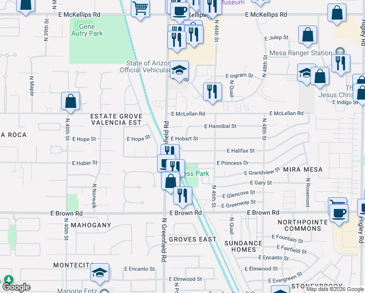 map of restaurants, bars, coffee shops, grocery stores, and more near 4439 East Hobart Street in Mesa