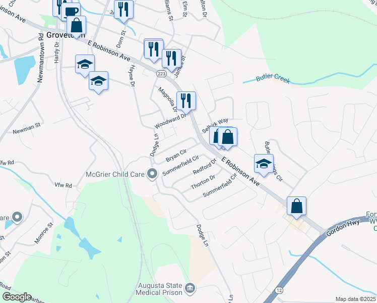map of restaurants, bars, coffee shops, grocery stores, and more near 912 Bryan Circle in Grovetown