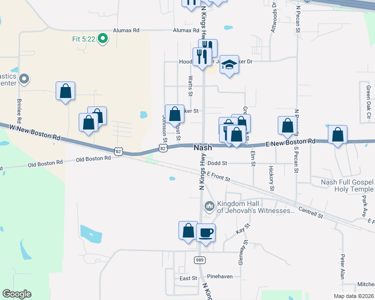 map of restaurants, bars, coffee shops, grocery stores, and more near 233 West New Boston Road in Nash