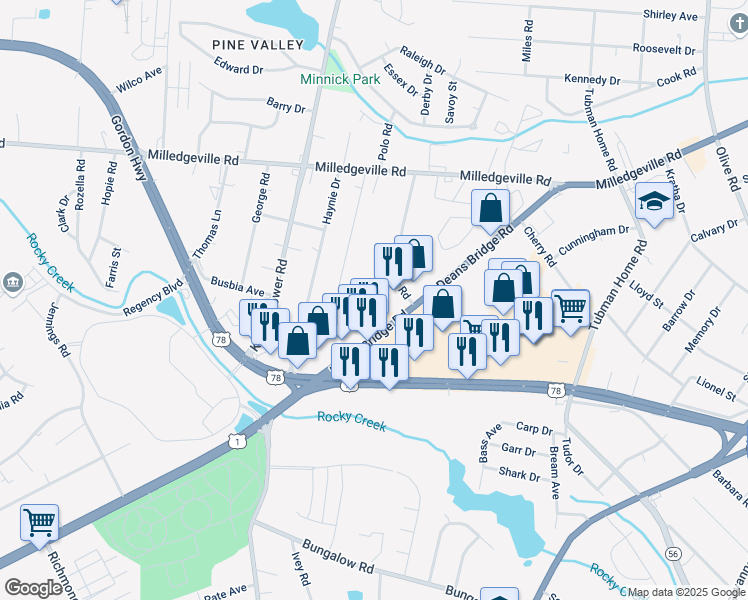 map of restaurants, bars, coffee shops, grocery stores, and more near 1945 Milton Road in Augusta
