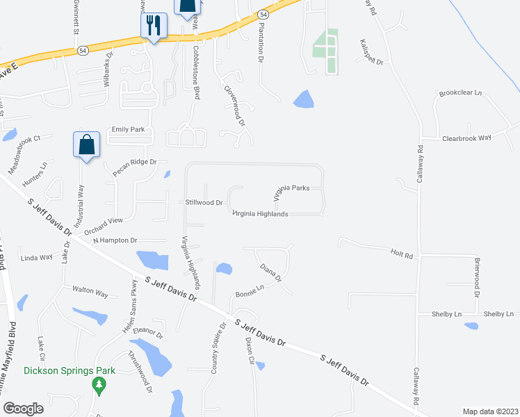 map of restaurants, bars, coffee shops, grocery stores, and more near 765 Virginia Highlands in Fayetteville
