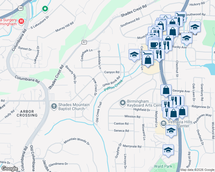 map of restaurants, bars, coffee shops, grocery stores, and more near 2224 Great Rock Road in Vestavia Hills