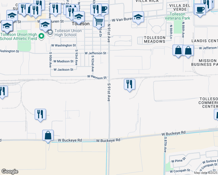 map of restaurants, bars, coffee shops, grocery stores, and more near 670 South 91st Avenue in Tolleson
