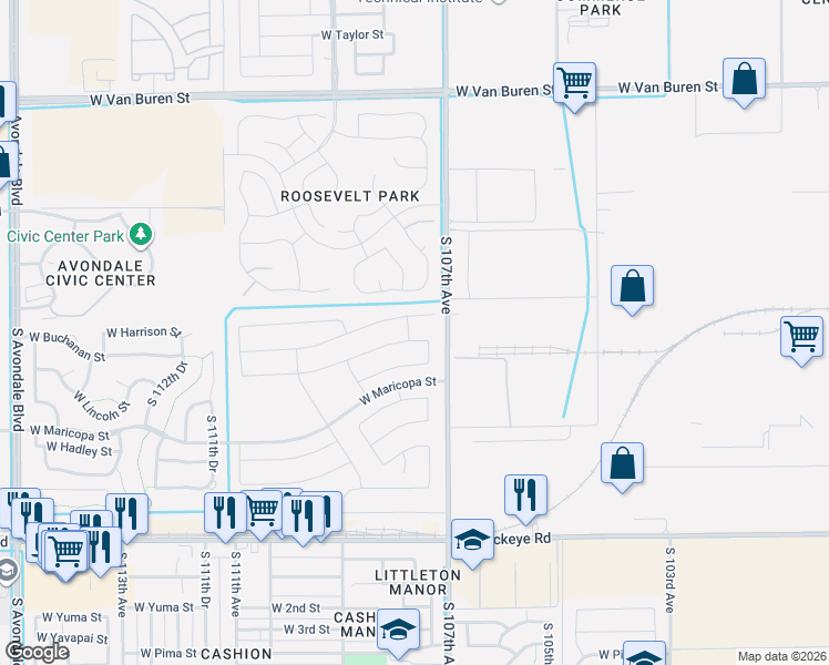 map of restaurants, bars, coffee shops, grocery stores, and more near 10805 West Buchanan Street in Avondale