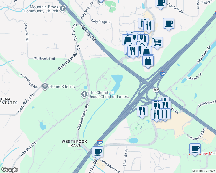 map of restaurants, bars, coffee shops, grocery stores, and more near 3120 Cahaba River Road in Birmingham