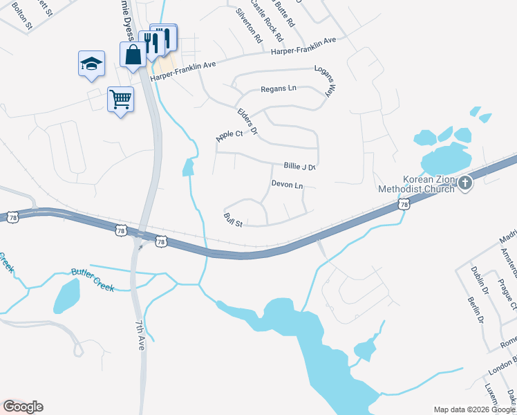 map of restaurants, bars, coffee shops, grocery stores, and more near 5308 Bull Street in Augusta