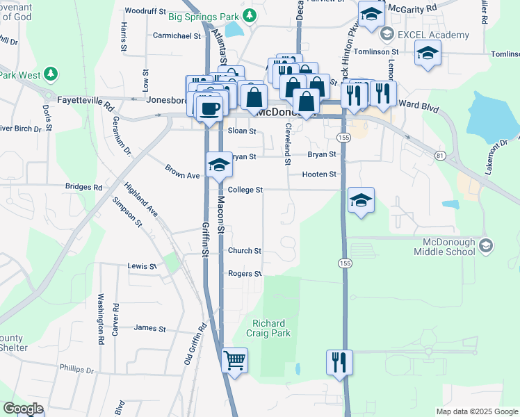 map of restaurants, bars, coffee shops, grocery stores, and more near 201 Rogers Street in McDonough